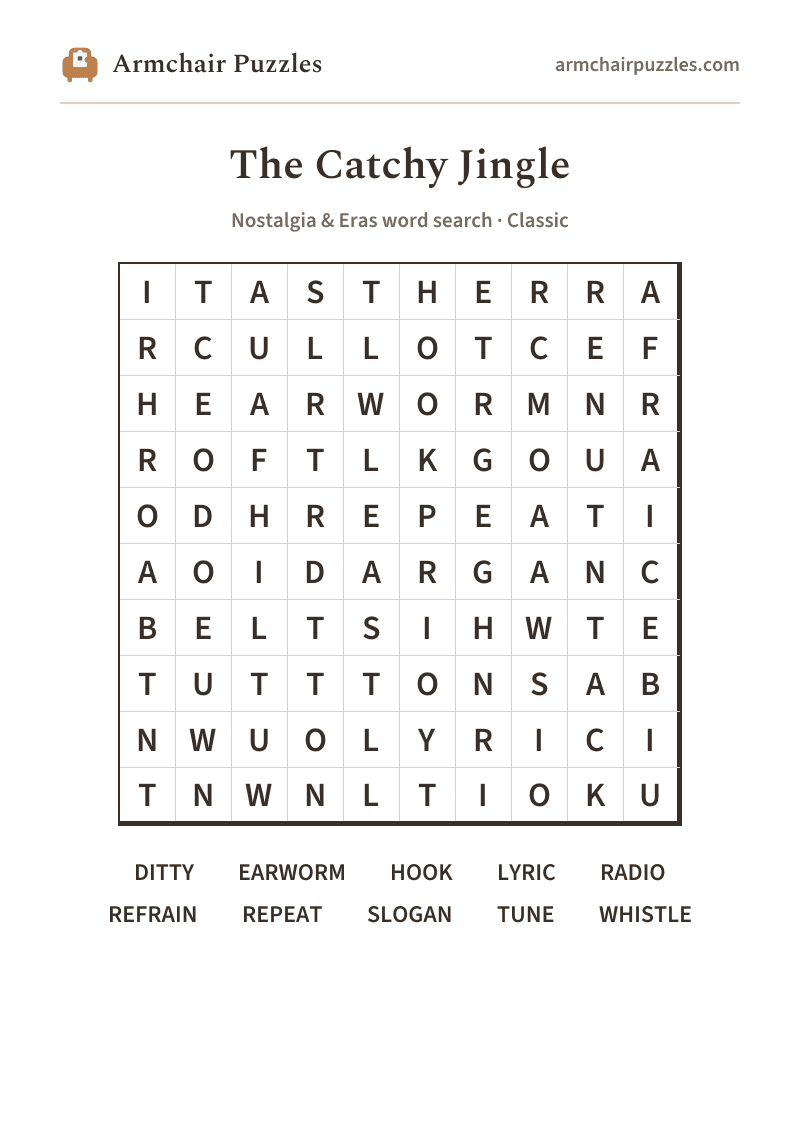 The printable The Catchy Jingle word search sheet
