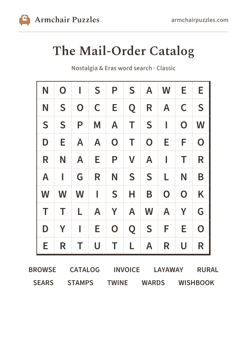 The printable The Mail-Order Catalog word search sheet