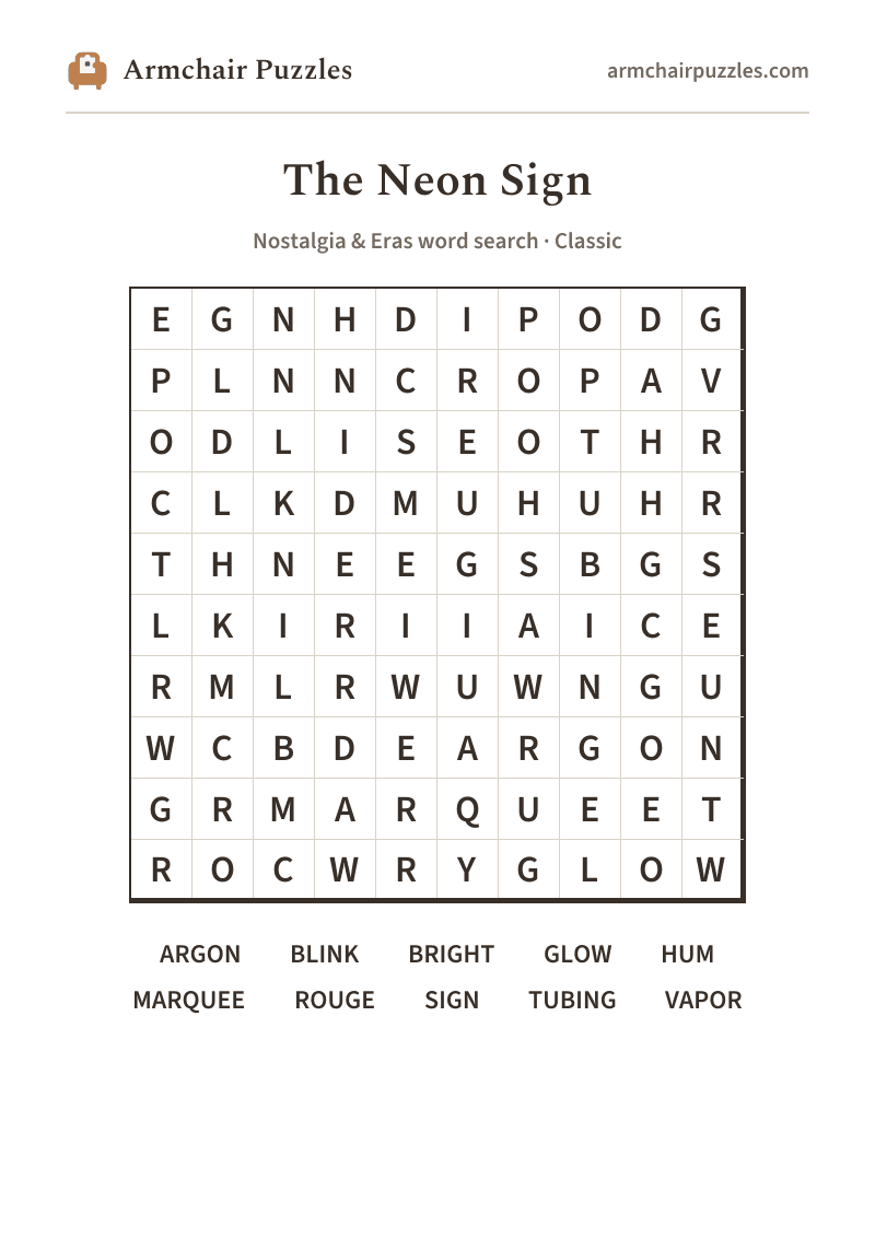 The printable The Neon Sign word search sheet