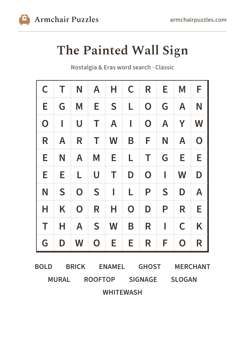 The printable The Painted Wall Sign word search sheet