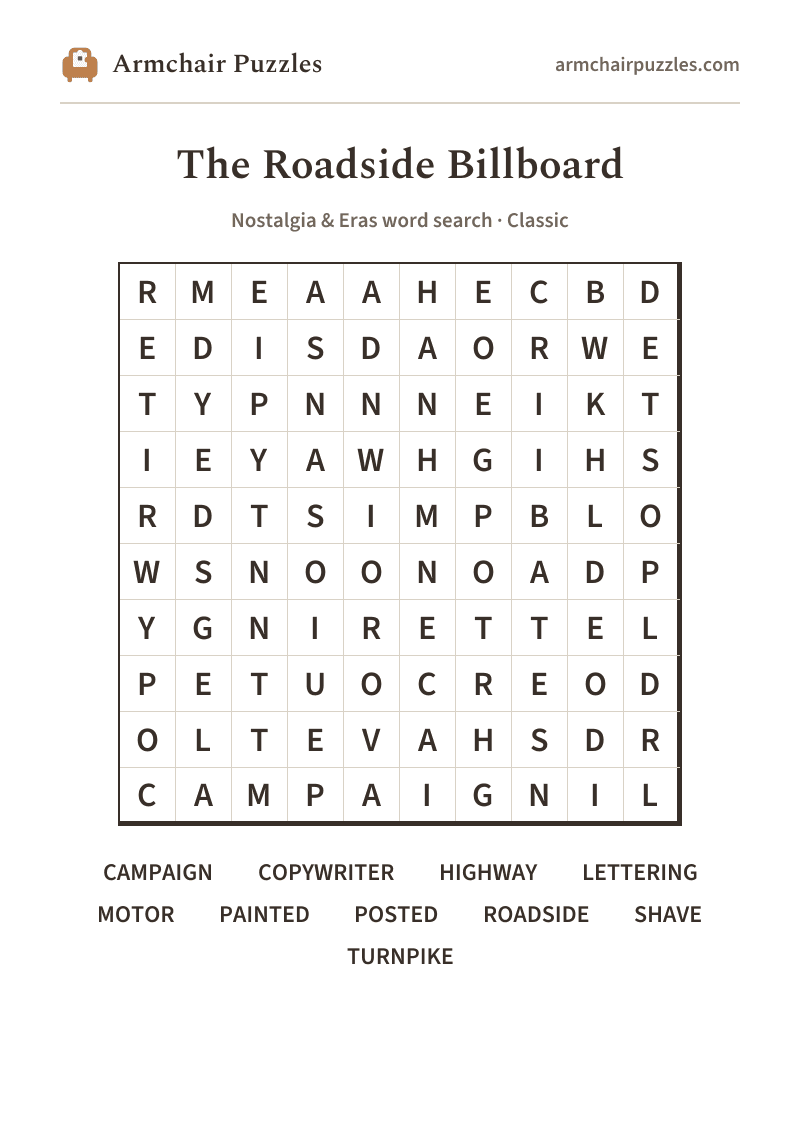 The printable The Roadside Billboard word search sheet