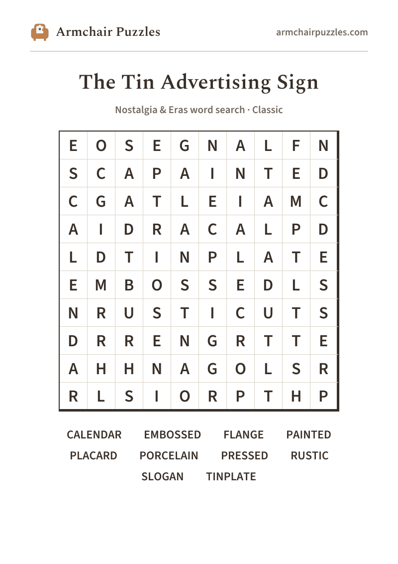 The printable The Tin Advertising Sign word search sheet