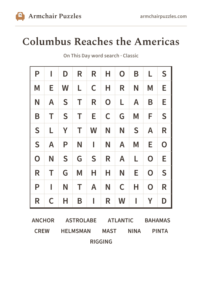 The printable Columbus Reaches the Americas word search sheet: large-print Classic grid with its word list