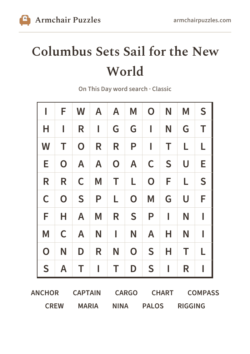 The printable Columbus Sets Sail for the New World word search sheet
