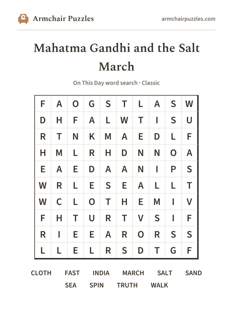 The printable Mahatma Gandhi and the Salt March word search sheet in large print