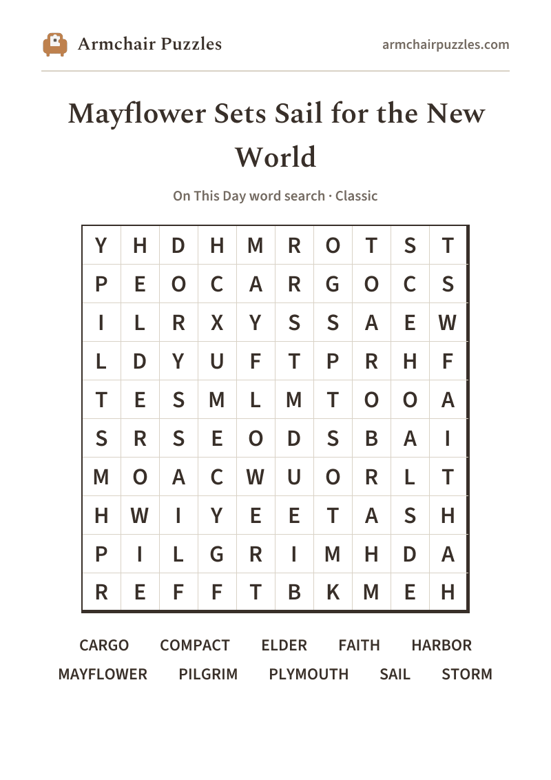 The printable Mayflower Sets Sail for the New World word search sheet