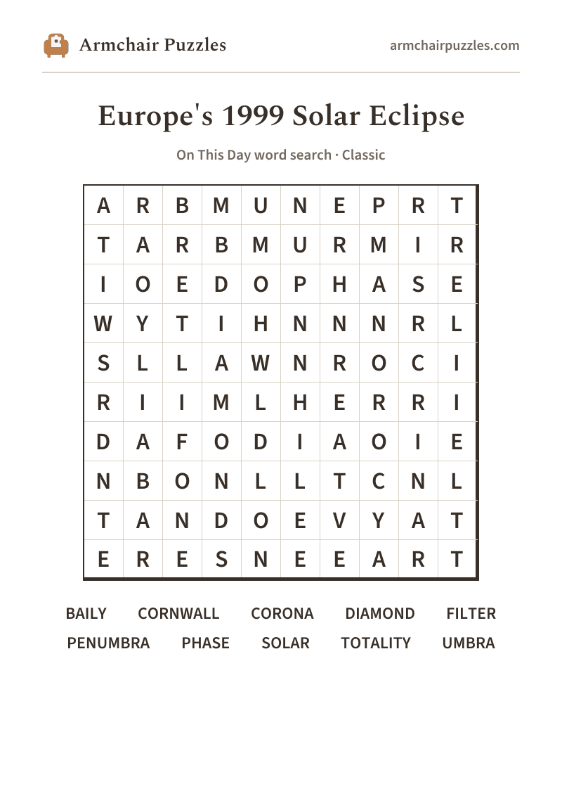 The printable Europe's 1999 Solar Eclipse word search sheet in large print