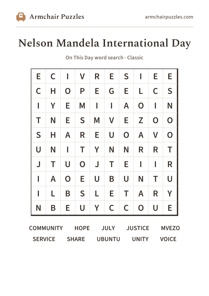 The printable Nelson Mandela International Day word search sheet: large-print Classic grid with its word list