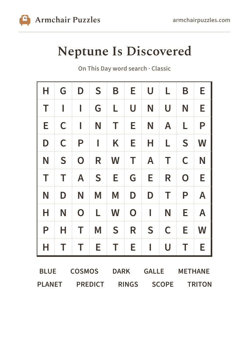 The printable Neptune Is Discovered word search sheet in large print