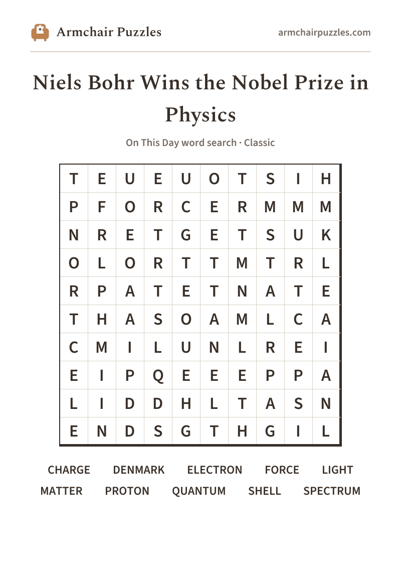 The printable Niels Bohr Wins the Nobel Prize in Physics word search sheet: large-print Classic grid with its word list