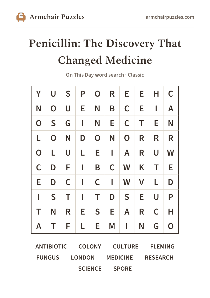 The printable Penicillin: The Discovery That Changed Medicine word search sheet