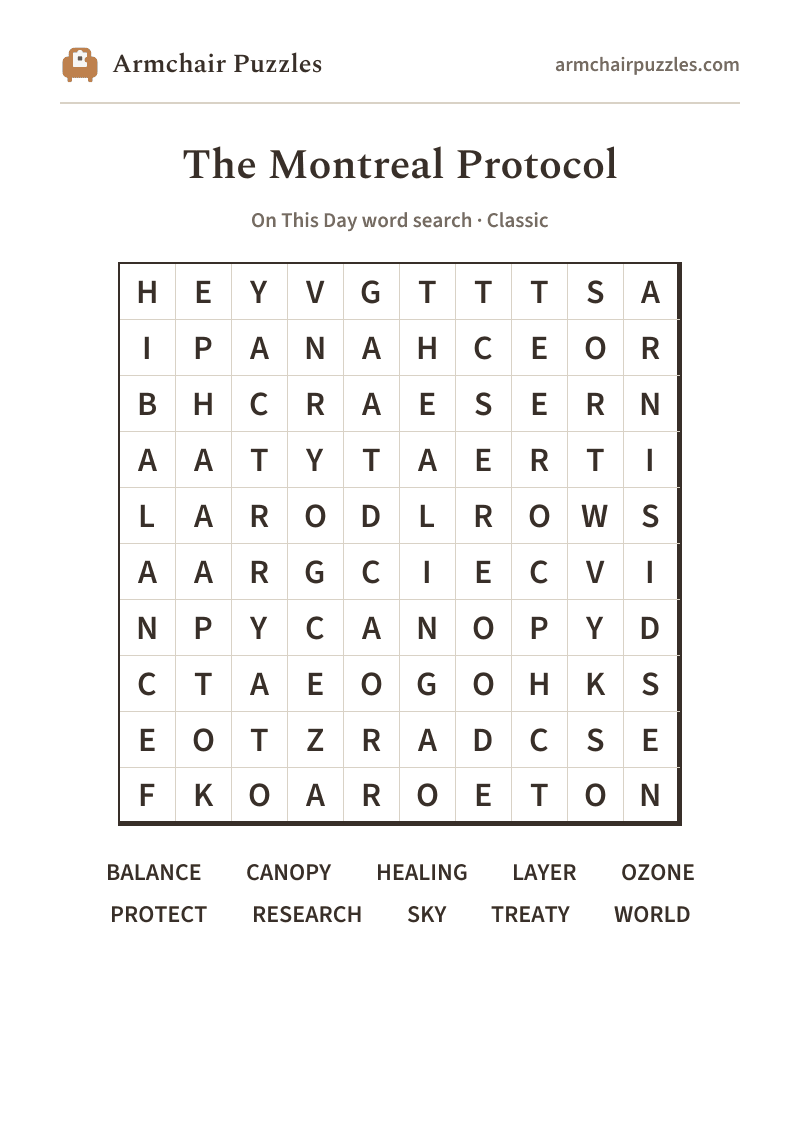 The printable The Montreal Protocol word search sheet: large-print Classic grid with its word list