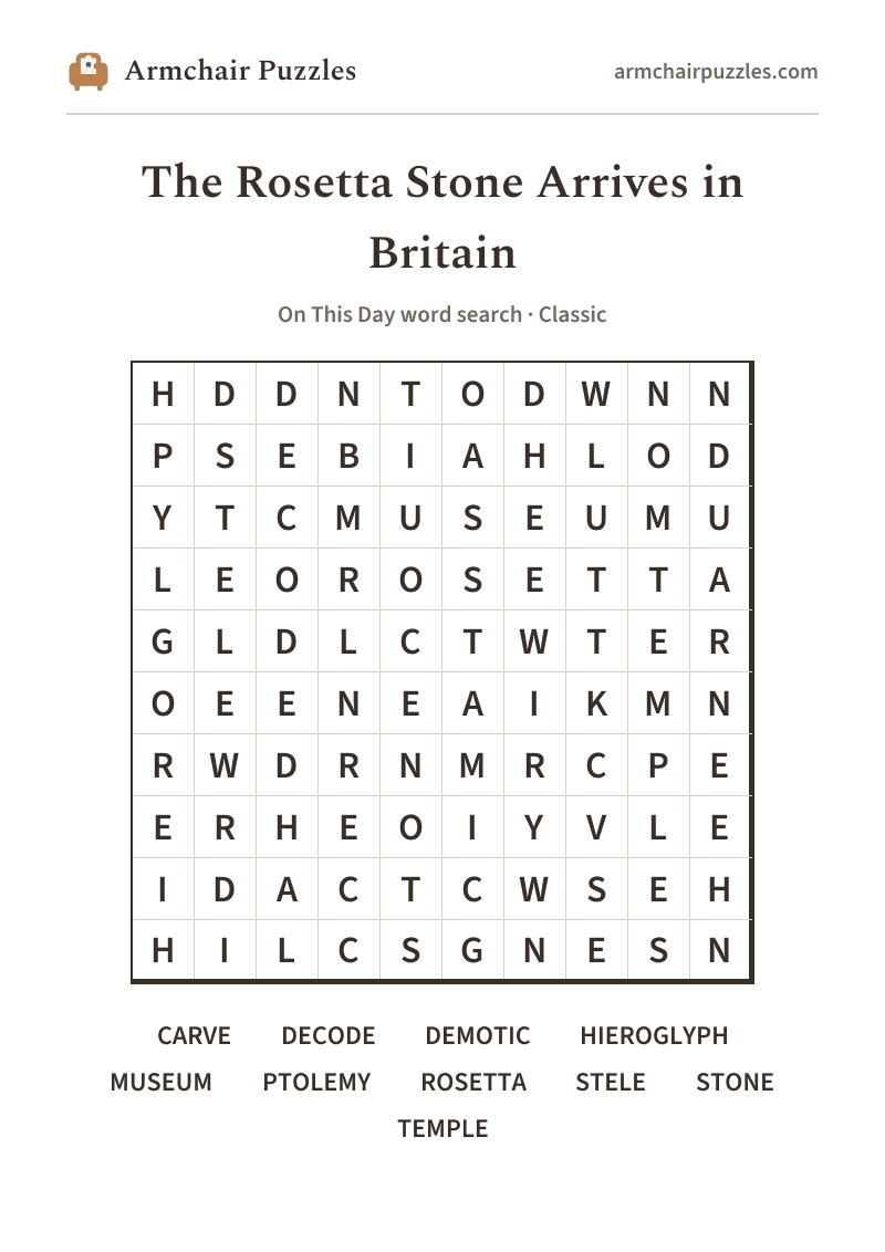 The printable The Rosetta Stone Arrives in Britain word search sheet: large-print Classic grid with its word list