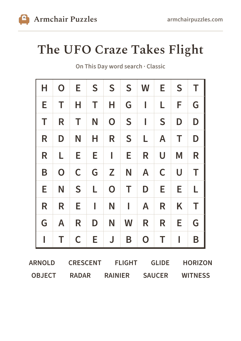 The printable The UFO Craze Takes Flight word search sheet: large-print Classic grid with its word list