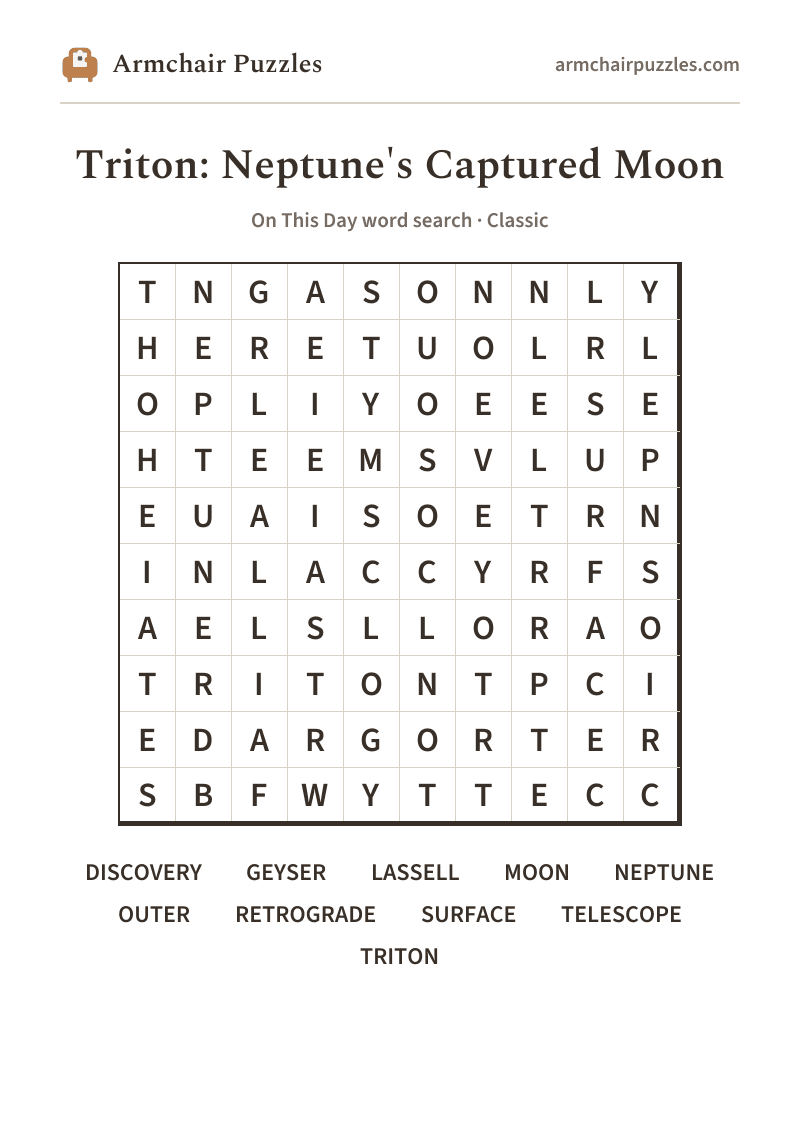 The printable Triton: Neptune's Captured Moon word search sheet in large print