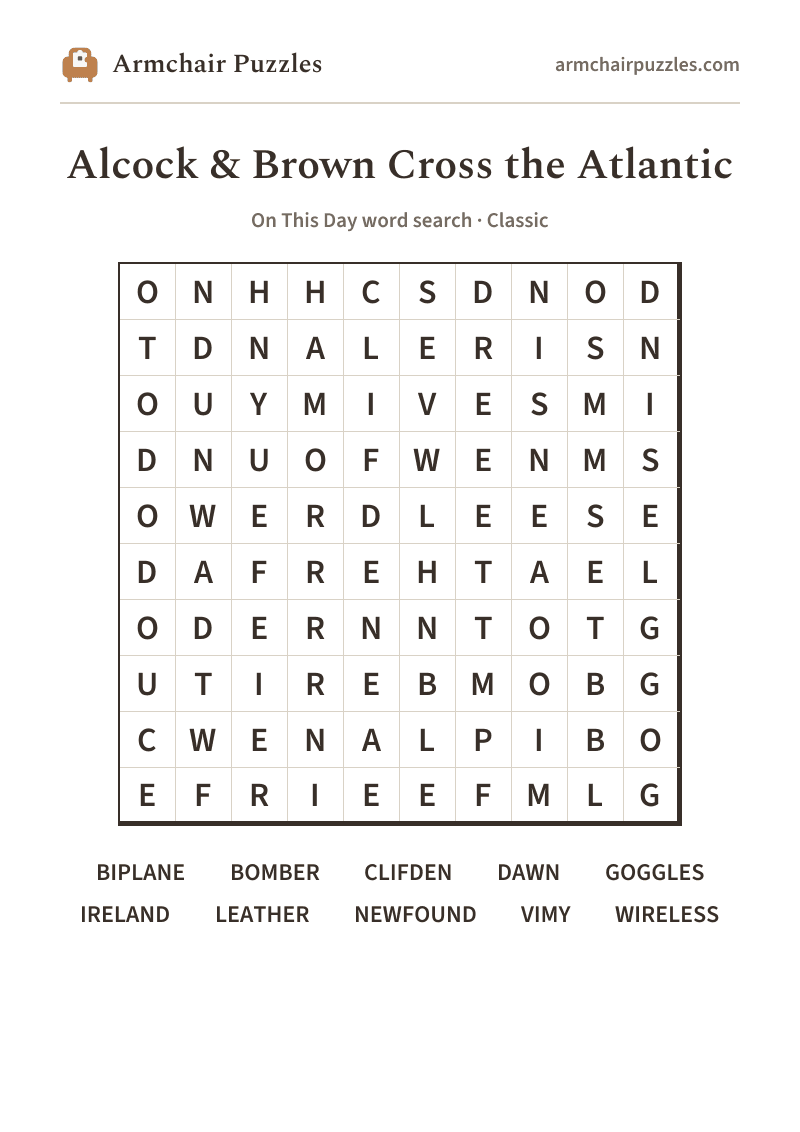 The printable Alcock & Brown Cross the Atlantic word search sheet