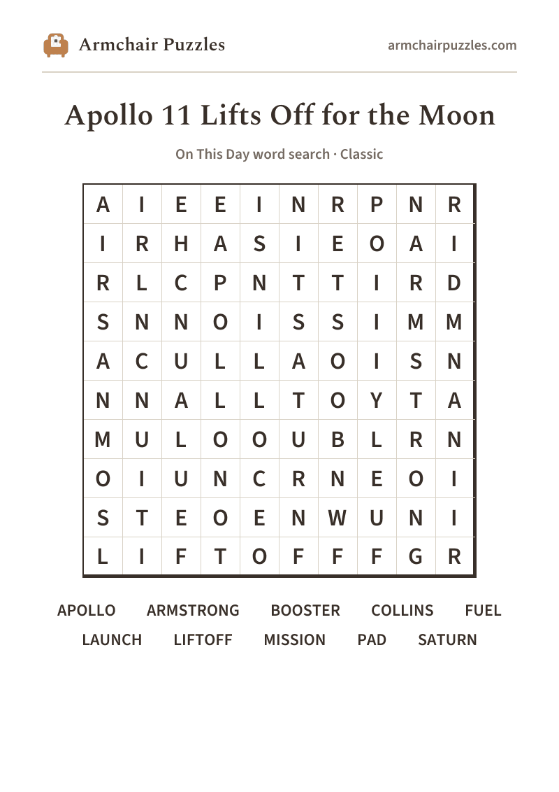The printable Apollo 11 Lifts Off for the Moon word search sheet in large print