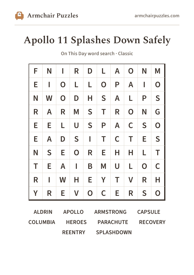The printable Apollo 11 Splashes Down Safely word search sheet