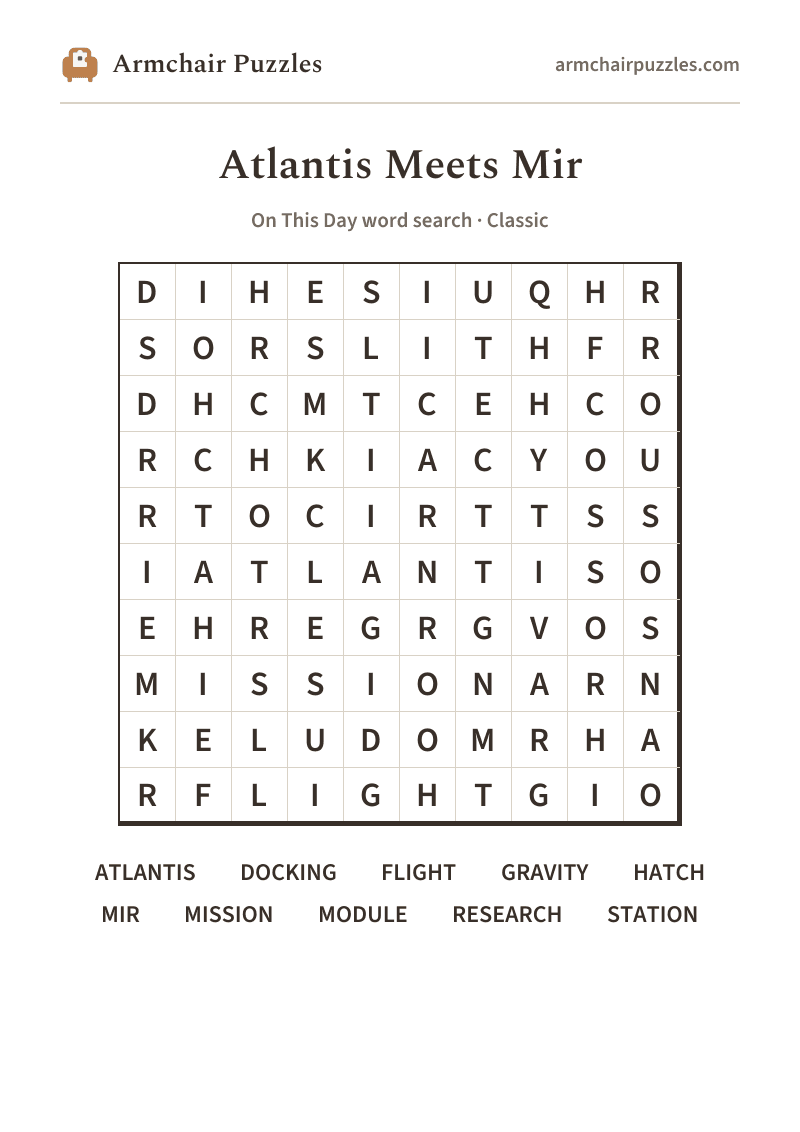 The printable Atlantis Meets Mir word search sheet: large-print Classic grid with its word list