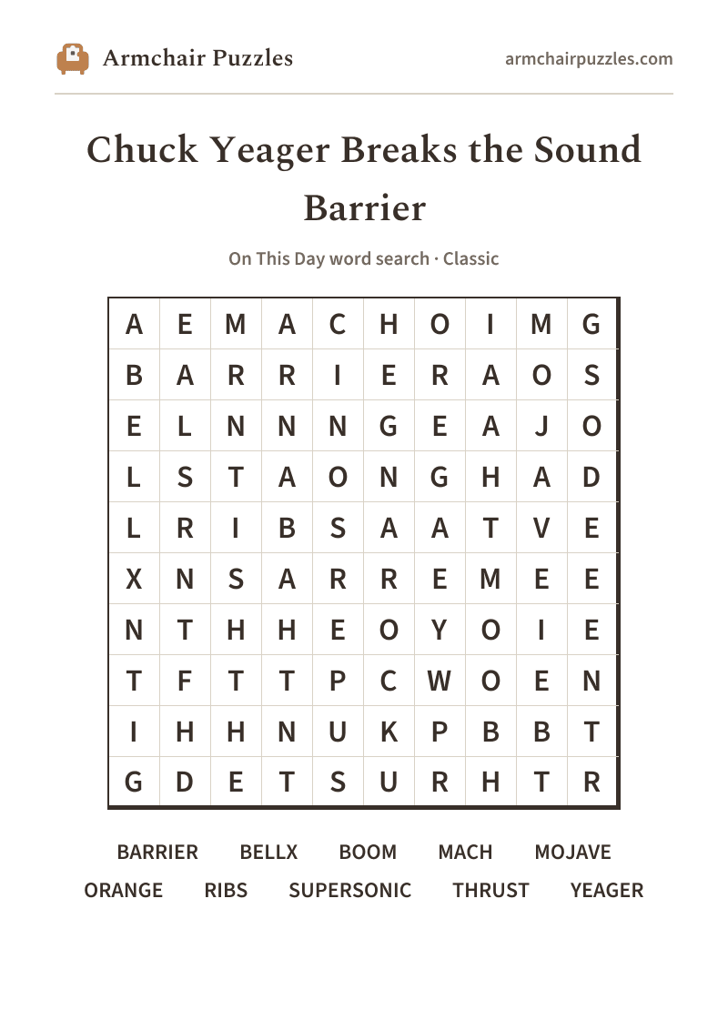 The printable Chuck Yeager Breaks the Sound Barrier word search sheet: large-print Classic grid with its word list