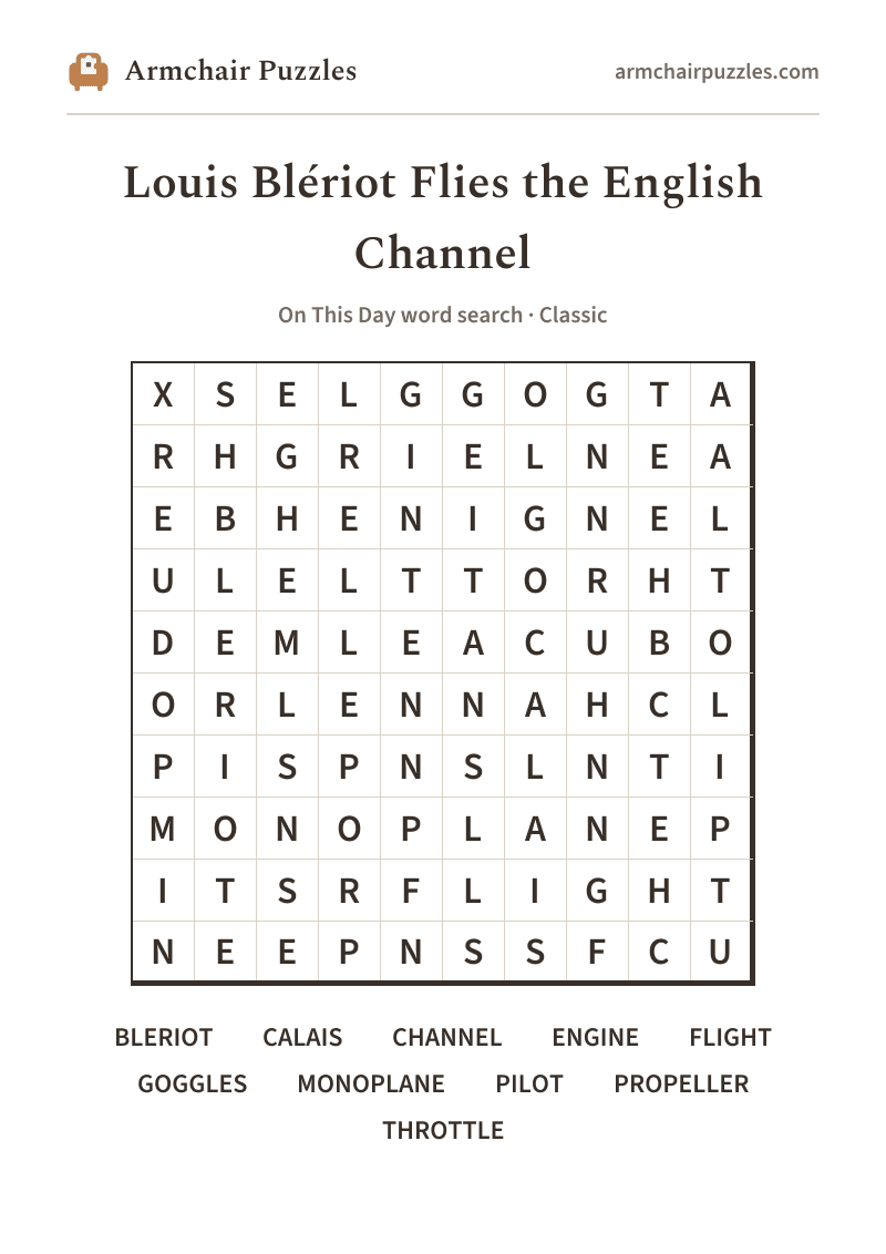 The printable Louis Blériot Flies the English Channel word search sheet