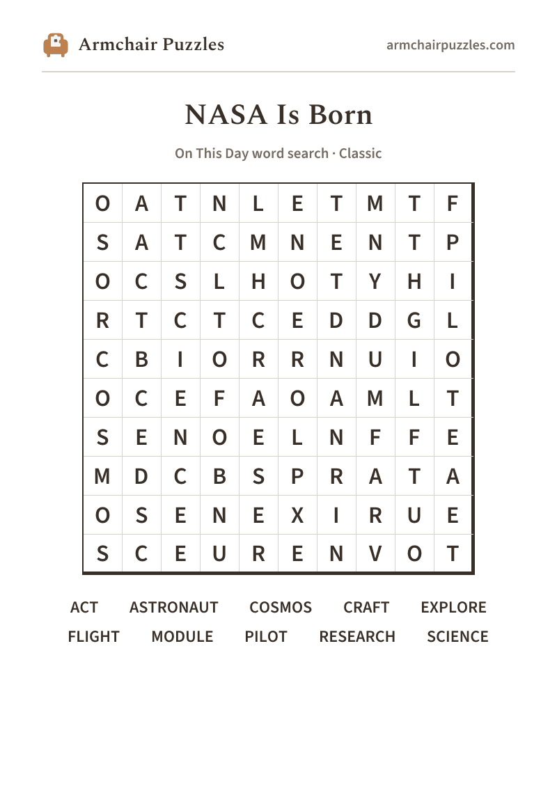 The printable NASA Is Born word search sheet in large print