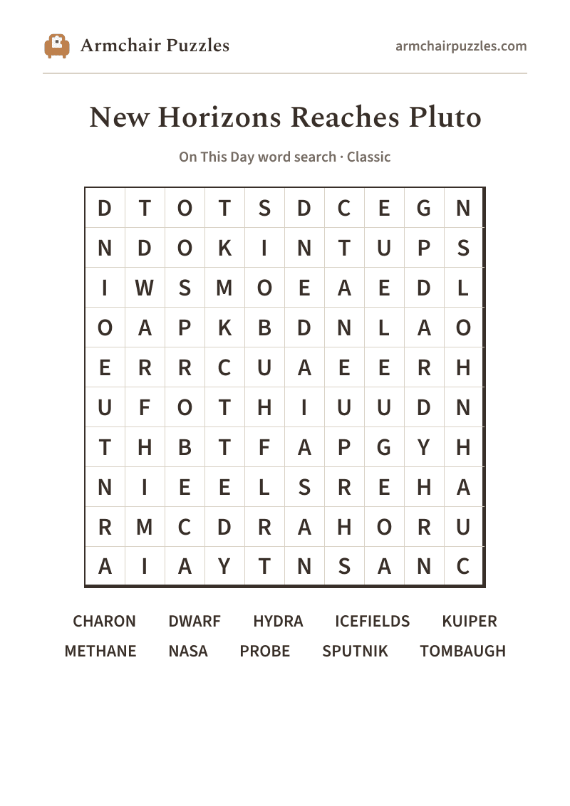 The printable New Horizons Reaches Pluto word search sheet in large print