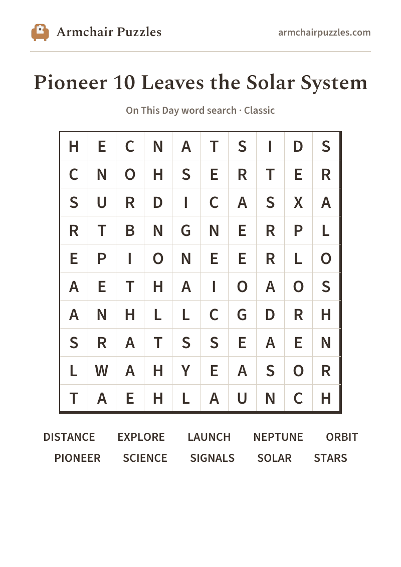 The printable Pioneer 10 Leaves the Solar System word search sheet
