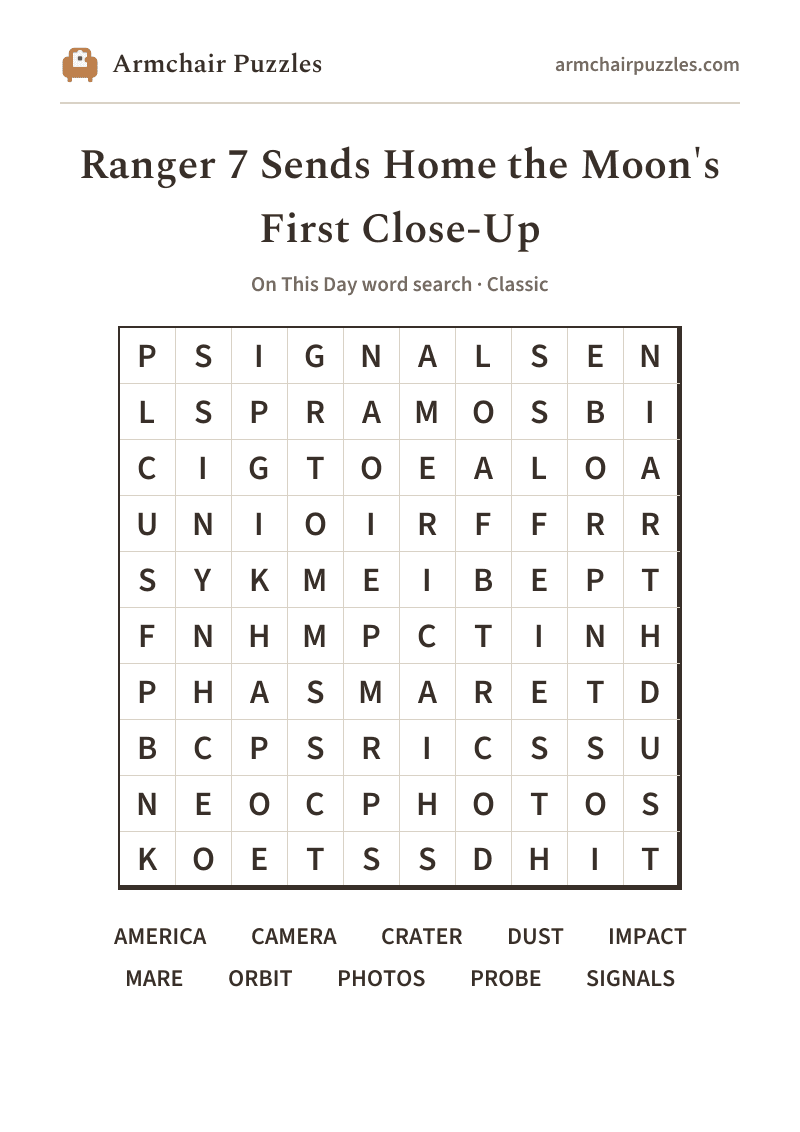 The printable Ranger 7 Sends Home the Moon's First Close-Up word search sheet in large print