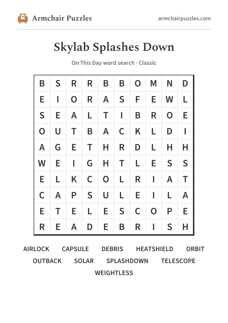 The printable Skylab Splashes Down word search sheet: large-print Classic grid with its word list