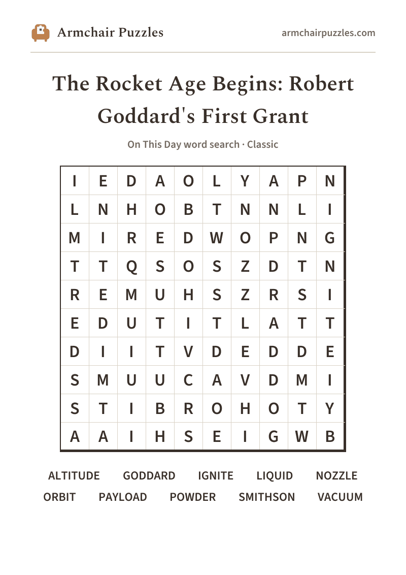 The printable The Rocket Age Begins: Robert Goddard's First Grant word search sheet