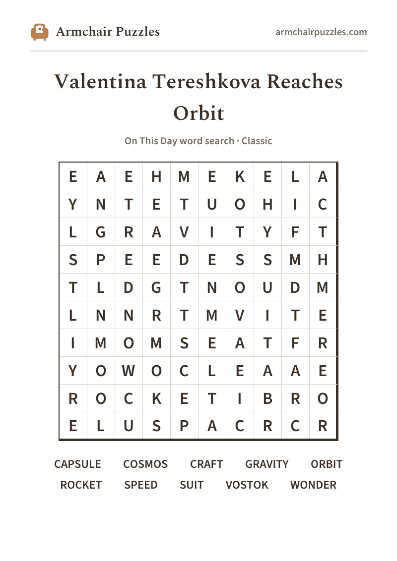 The printable Valentina Tereshkova Reaches Orbit word search sheet