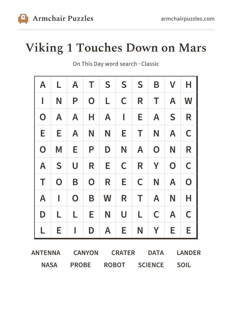 The printable Viking 1 Touches Down on Mars word search sheet