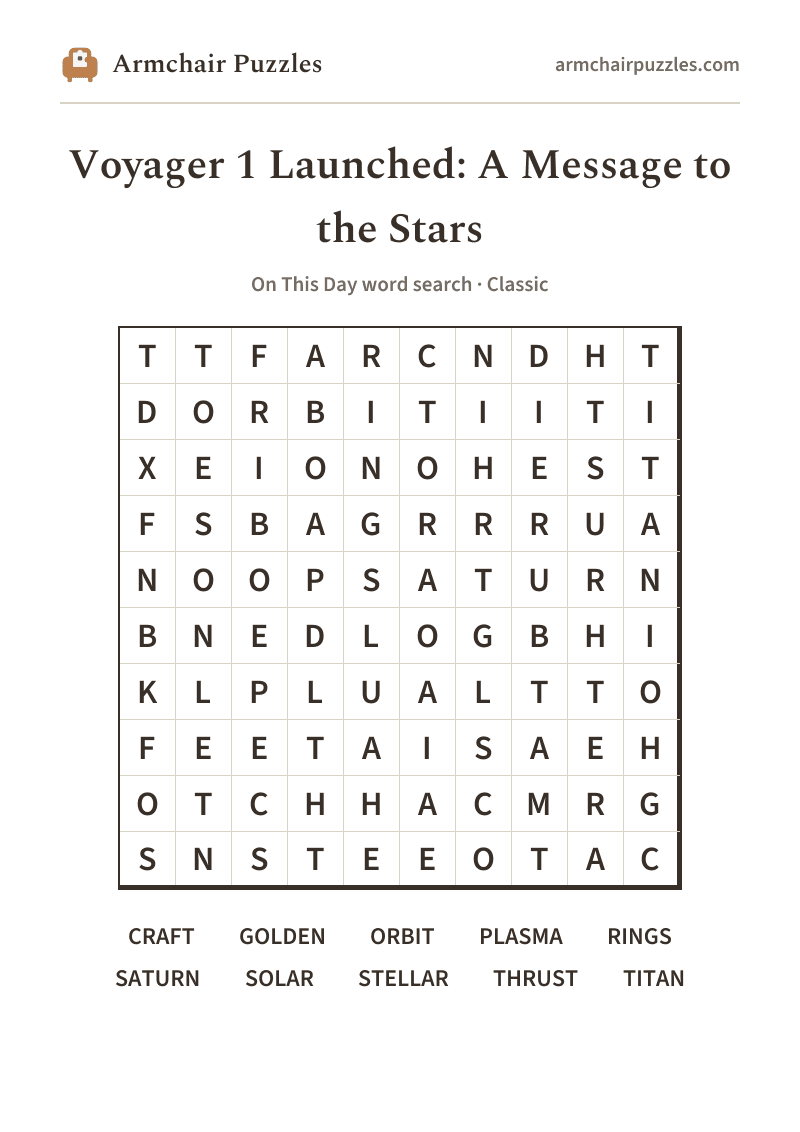 The printable Voyager 1 Launched: A Message to the Stars word search sheet