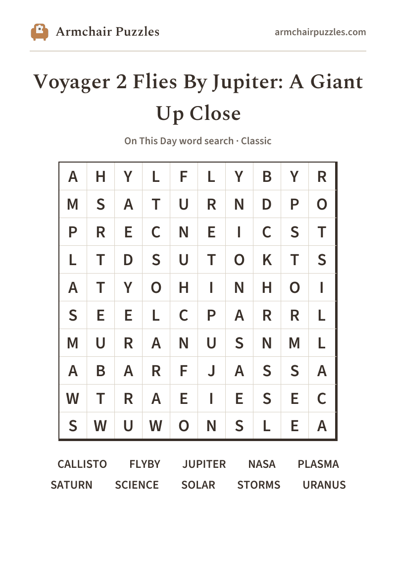 The printable Voyager 2 Flies By Jupiter: A Giant Up Close word search sheet in large print