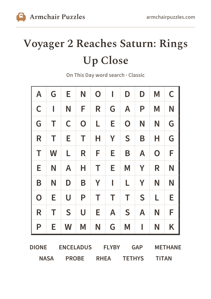 The printable Voyager 2 Reaches Saturn: Rings Up Close word search sheet: large-print Classic grid with its word list