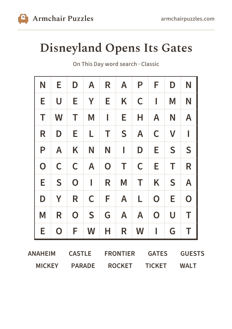 The printable Disneyland Opens Its Gates word search sheet in large print
