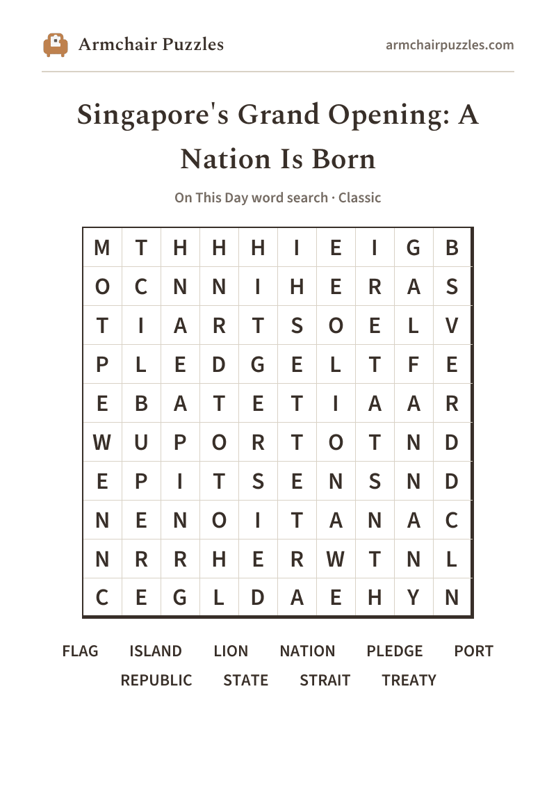 The printable Singapore's Grand Opening: A Nation Is Born word search sheet