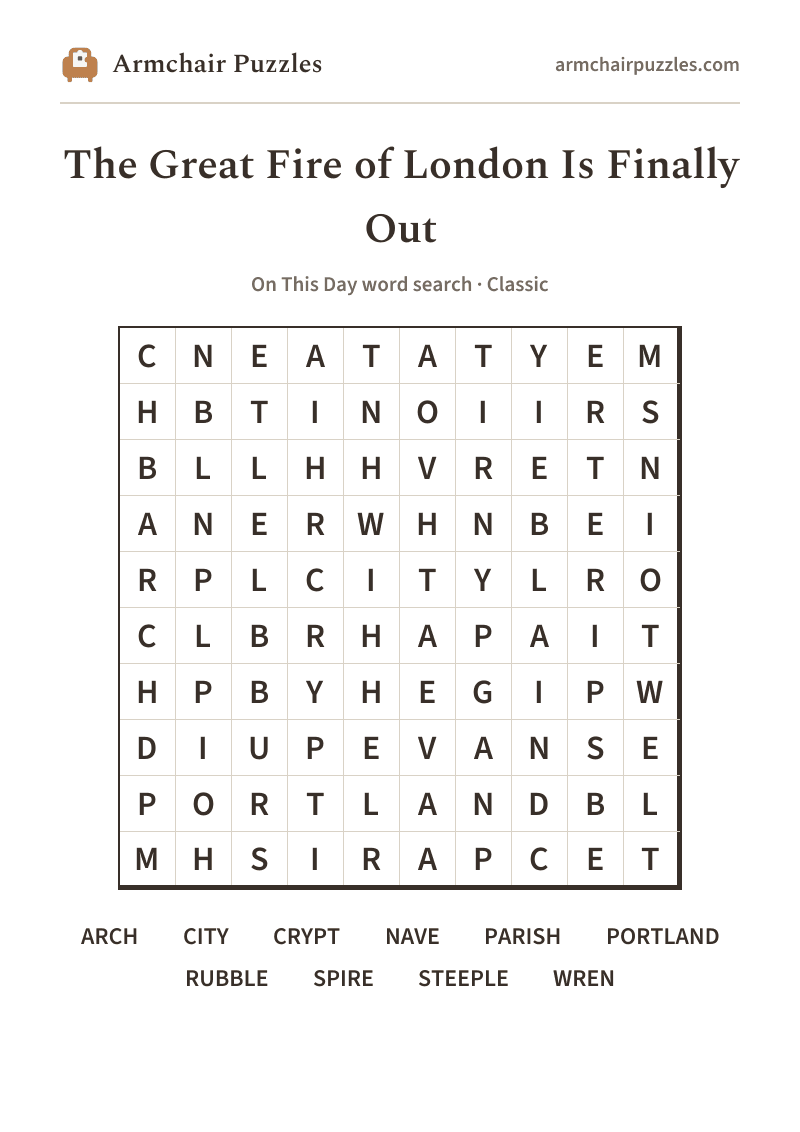 The printable The Great Fire of London Is Finally Out word search sheet: large-print Classic grid with its word list