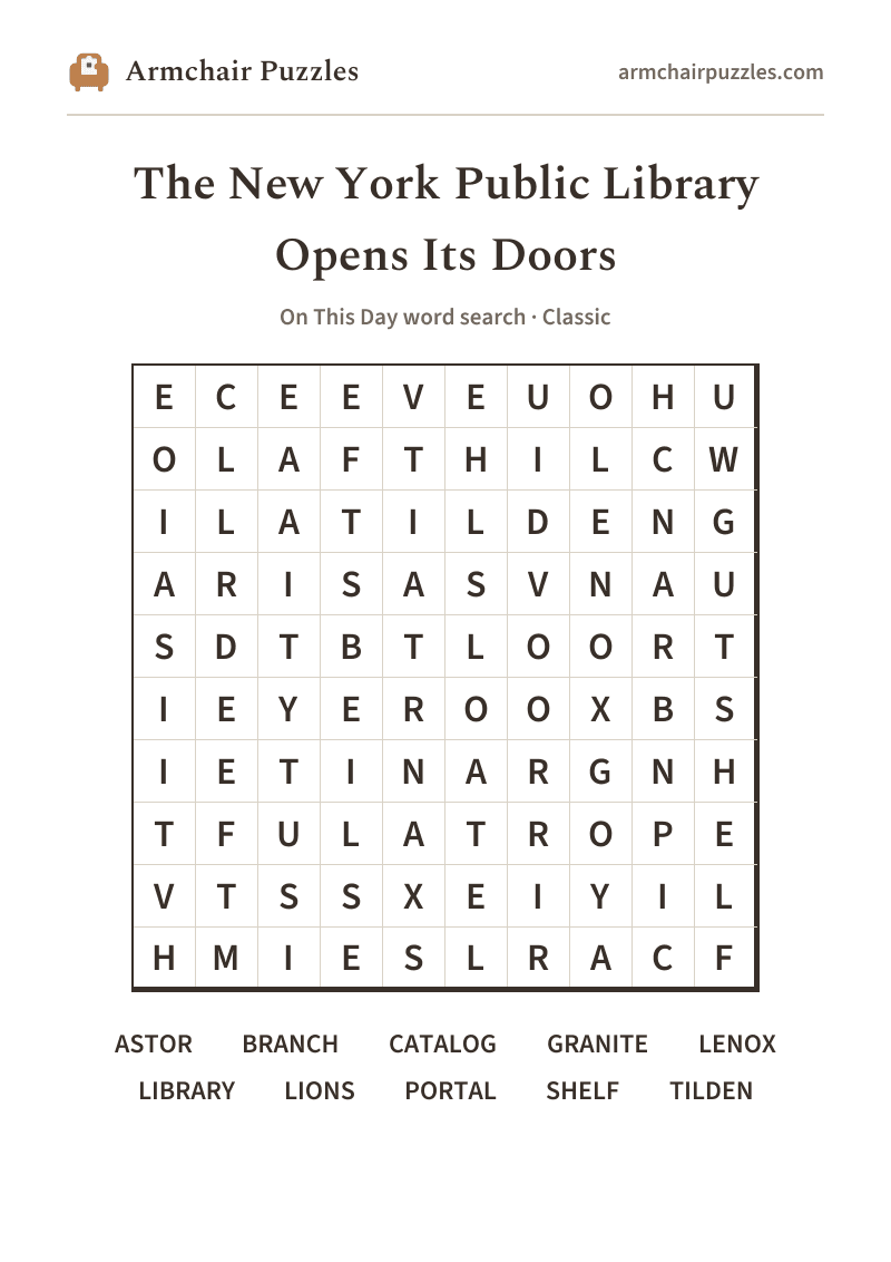The printable The New York Public Library Opens Its Doors word search sheet