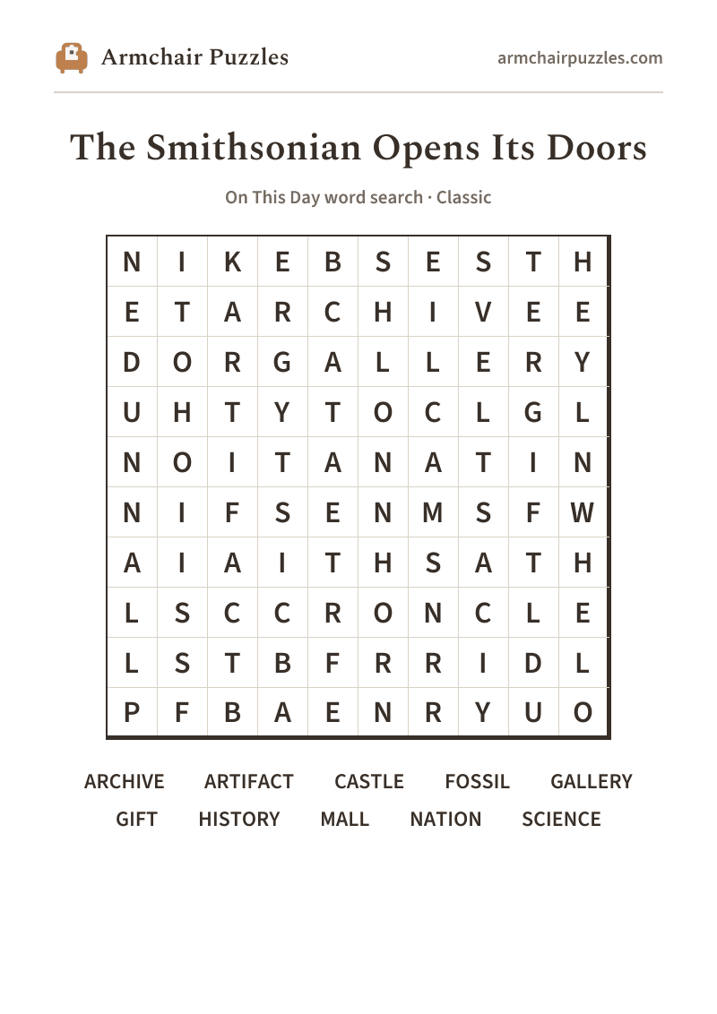 The printable The Smithsonian Opens Its Doors word search sheet in large print