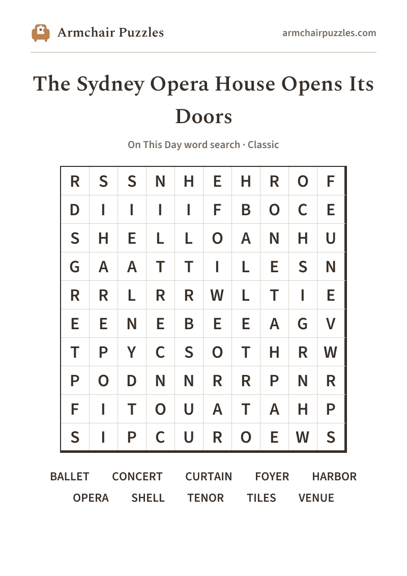 The printable The Sydney Opera House Opens Its Doors word search sheet: large-print Classic grid with its word list