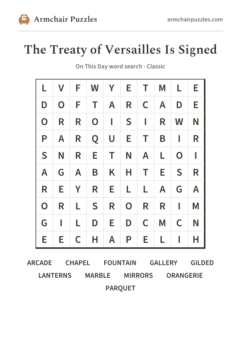The printable The Treaty of Versailles Is Signed word search sheet