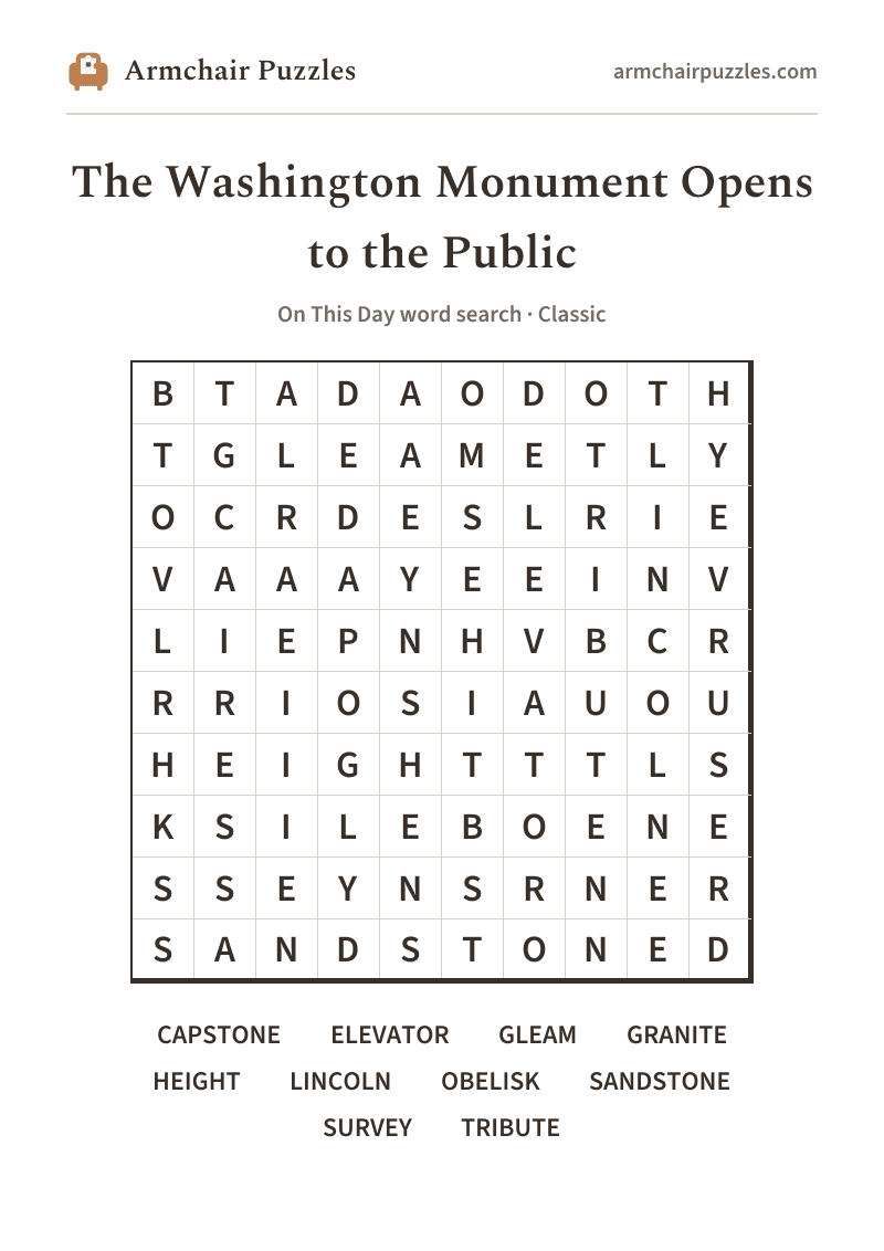 The printable The Washington Monument Opens to the Public word search sheet: large-print Classic grid with its word list