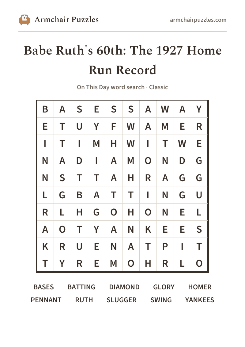 The printable Babe Ruth's 60th: The 1927 Home Run Record word search sheet