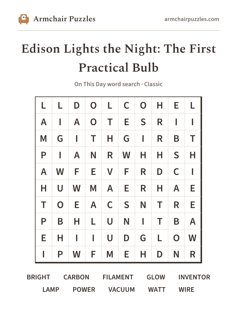 The printable Edison Lights the Night: The First Practical Bulb word search sheet in large print