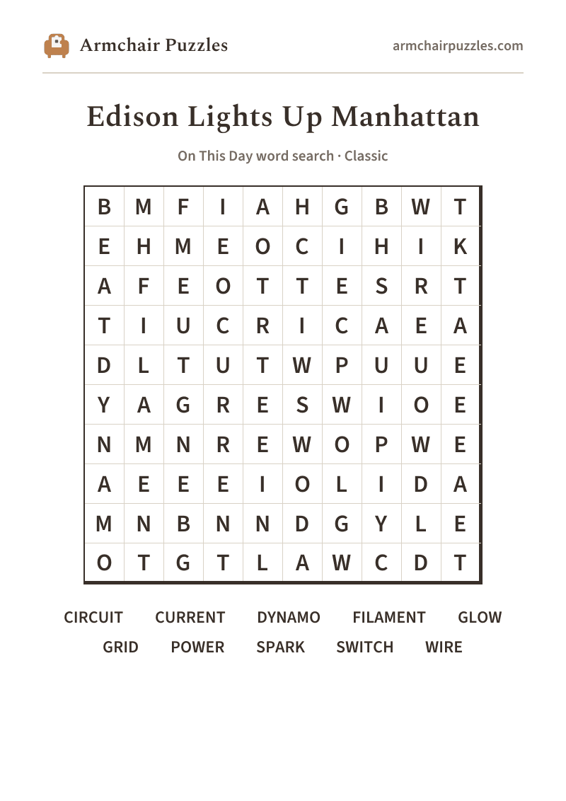 The printable Edison Lights Up Manhattan word search sheet