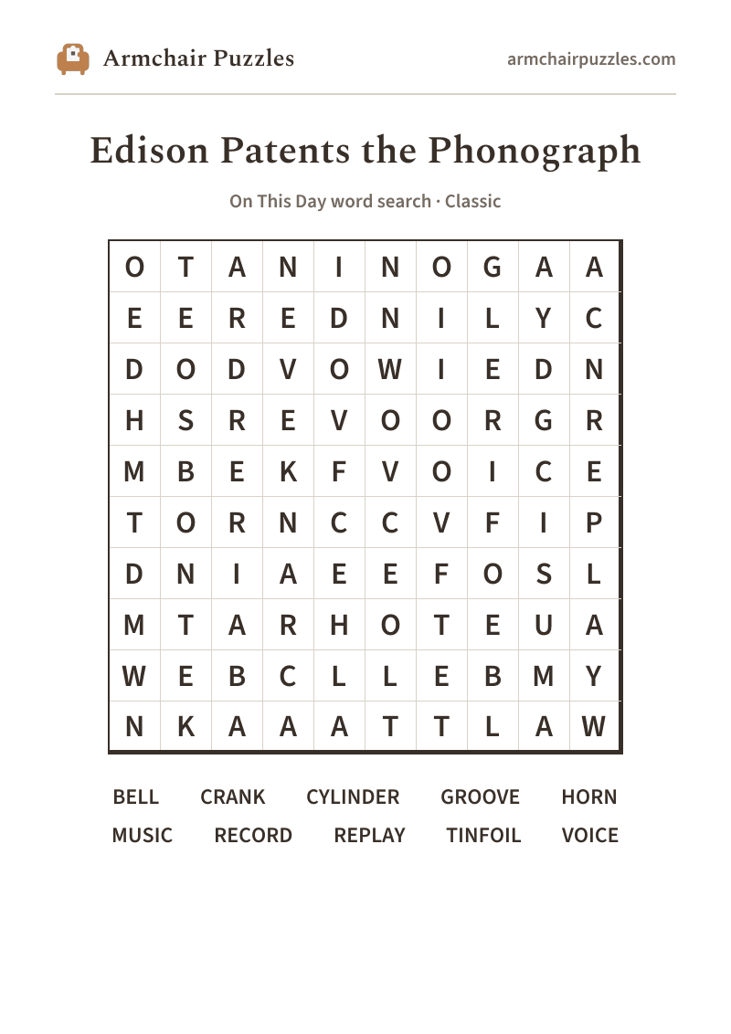 The printable Edison Patents the Phonograph word search sheet in large print