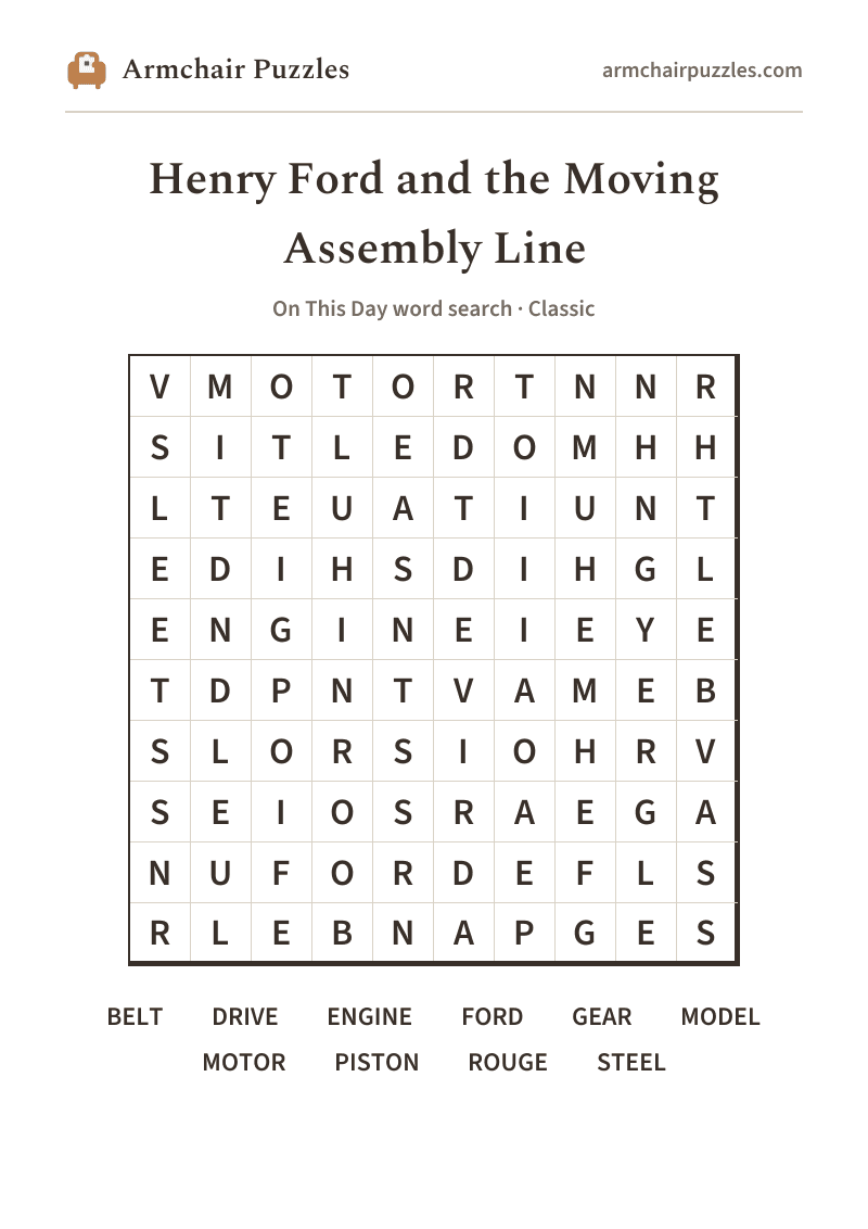 The printable Henry Ford and the Moving Assembly Line word search sheet