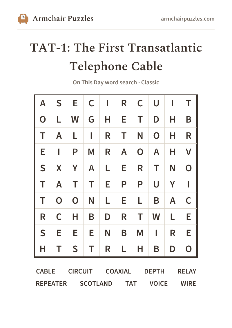The printable TAT-1: The First Transatlantic Telephone Cable word search sheet: large-print Classic grid with its word list